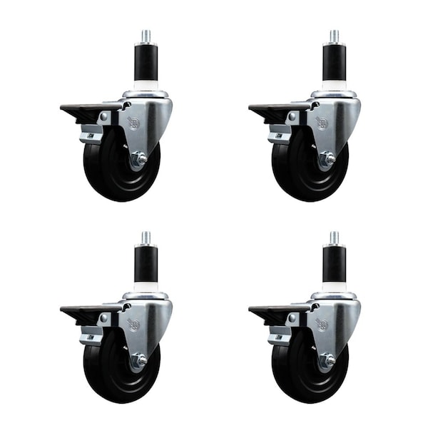 4'' Hard Rubber Swivel 1-3/8'' Expanding Stem Caster Set with Brake, 4PK